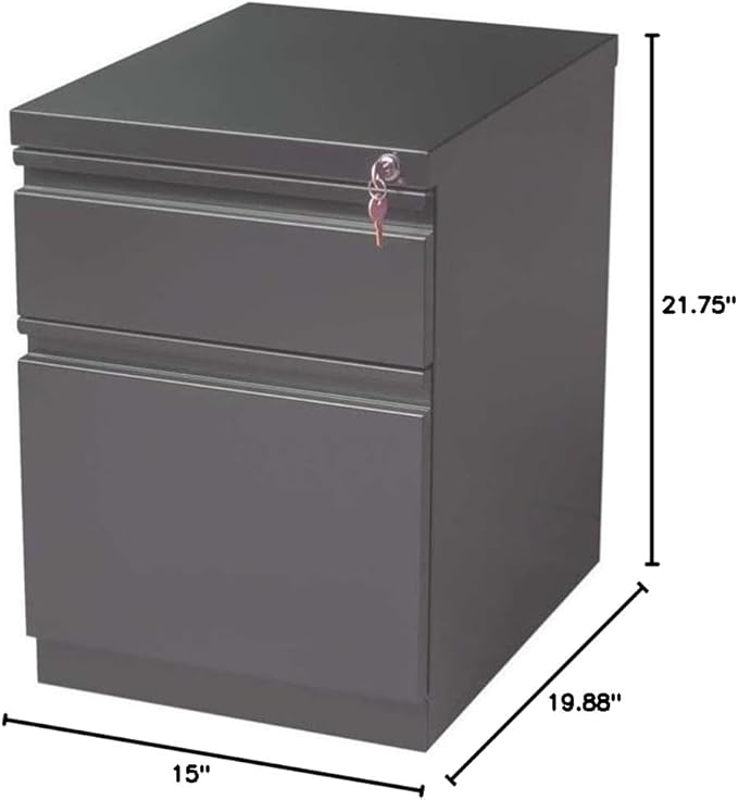 BOWERY HILL Mobile Pedestal File Cabinet 20 in Depth Steel Construction Charcoal Finish 2-Drawer Box/File Configuration Lockable Letter-Size Hanging File Storage Office Roll Filing Cabinet