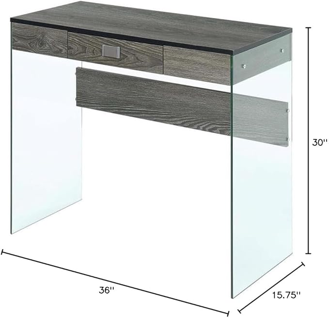 Pemberly Row Contemporary Glass Desk 36 x 15.75 x 30 in Gray Wood Finish Modern Style with Tempered Glass Panels Particle Board and Melamine Construction Compact Home Office or Study Writing Desk