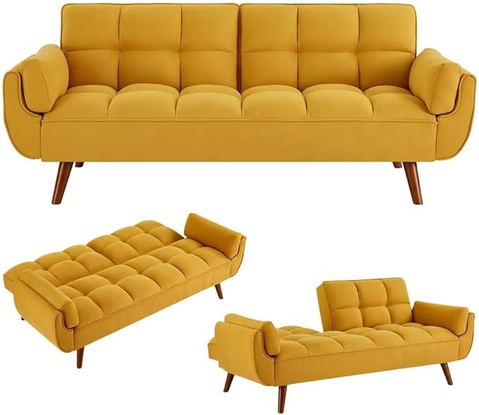 Convertible Sofa Bed Folding Loveseat Couch Modern Futon Recliner Sleeper with Adjustable Backrest Yellow