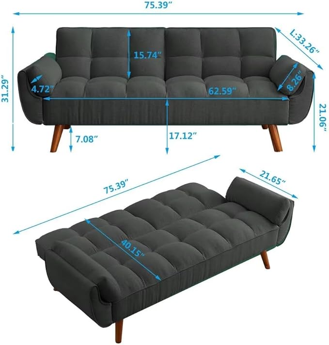 Convertible Sofa Bed Folding Loveseat Couch Modern Futon Recliner Sleeper with Adjustable Backrest Dark Gray