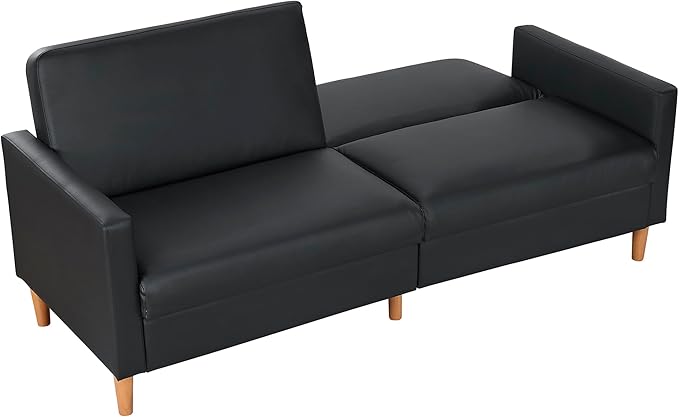 Lexicon 79W Convertible Futon Sofa Bed Loveseat Faux Leather Upholstered Couch Sleeper Adjustable Backrests Padded Pocket Coil Solid Wood Legs for Living Room Bedroom Apartment Office Black