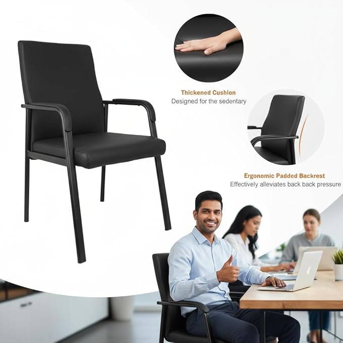 Leather Office Guest Chair Guest Conference Room Chair 600 LBS Capacity High Back Reception Chair with Padded Armrests No Wheels Black - 10 Pack