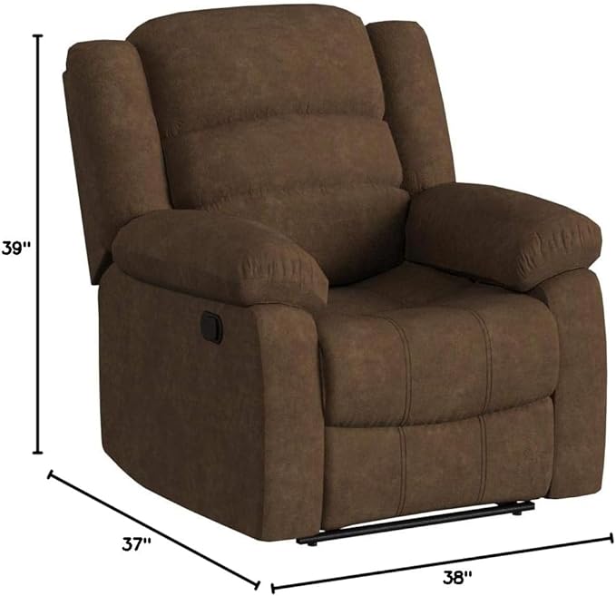AC Pacific Bill Modern Upholstered Living Room Manual Recliner with Padded Pillow Top Armrests &amp Reclining Seat Chair Brown