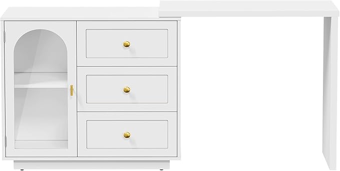 RoyalCraft L Shaped Home Office Desk Extendable and Rotatable Desk with 3 Drawers and Door Corner Computer Desk Modern Study Writing Table for Bedroom Home Office White