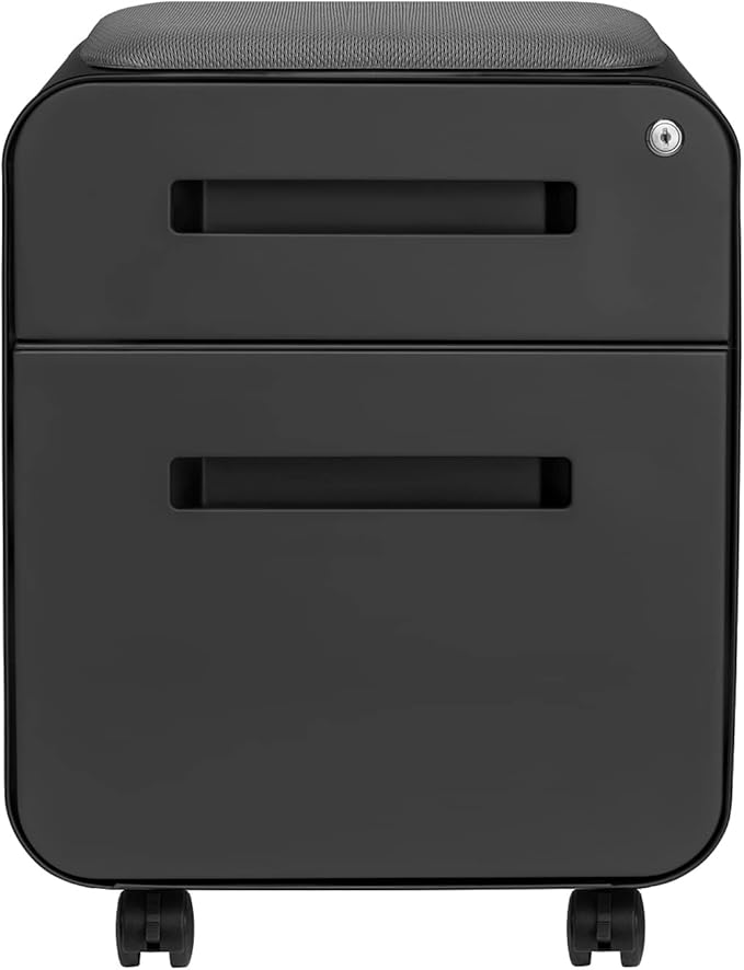 Laura Davidson Furniture STOCKPILE Mini Seated 2 Drawer Mobile File Cabinet with Removable Magnetic Cushion Seat - Short Version Metal Filing Cabinet Pre-Assembled Black with Grey Cushion