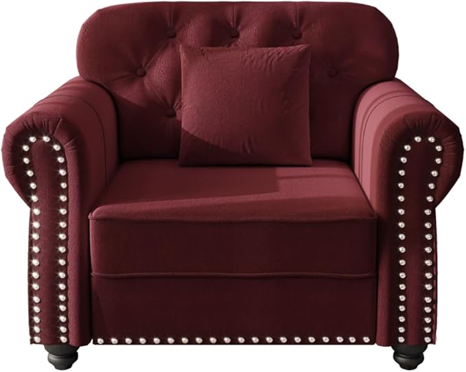 41.3 Burgundy Upholstered Velvet Sofa with Ottoman &amp Pillow Mid-Century Button Tufted Chesterfield Couch Nailhead Trim &amp Rolled Arms Bedroom or Living Room Accent Seating