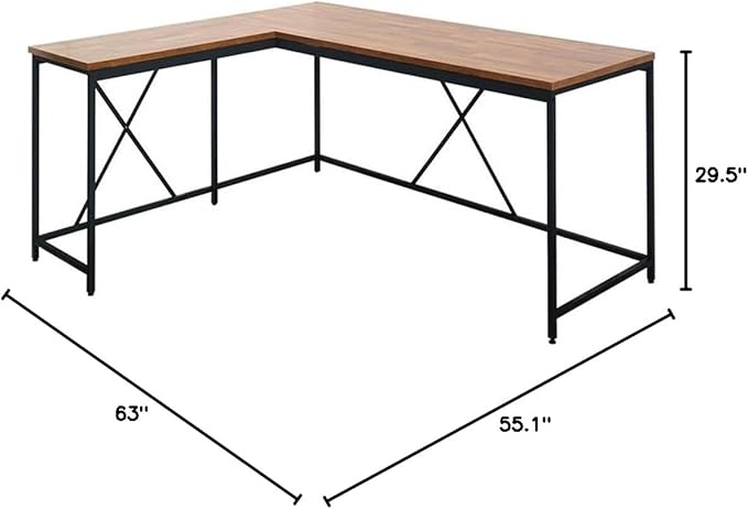 Pemberly Row Contemporary Corner Desk 63 x 55.1 Composite Wood and Metal Acacia/Black Finish Scratch and Heat Resistant Home Office Desk with Spacious Tabletop
