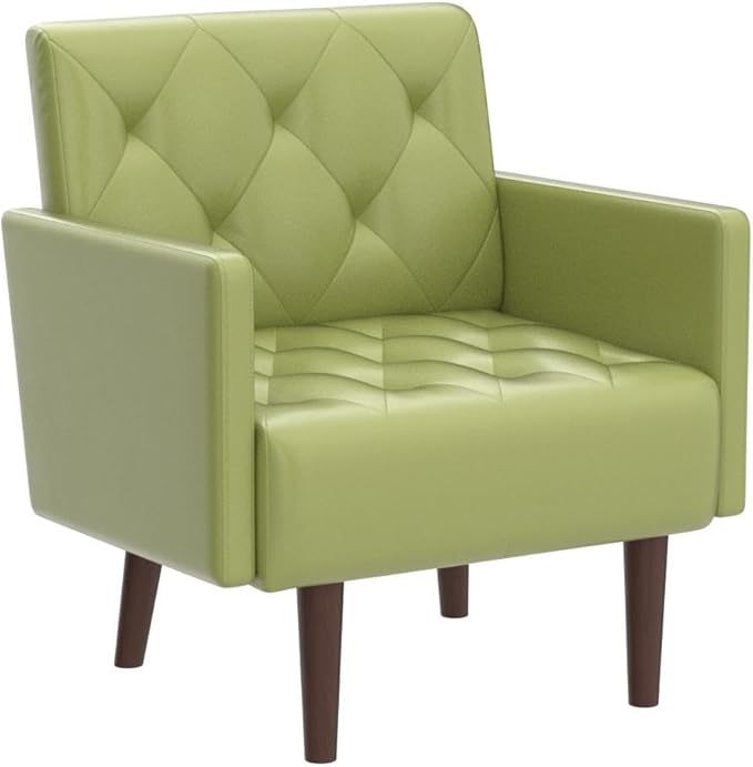 PU Leather Accent Chair Mid Century Modern Armchair for Living Room Reading Tufted Chair Single Sofa High-Density Foam Cushion Solid Wood Legs for Home Bedroom Office Reception(Green)