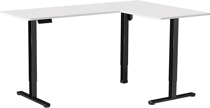 VIVO Corner Standing Desk 63 x 47 inch Reversible L-Shaped Workstation Electric Height Adjustment Home Office and Reception Rooms White Table Top Black Frame DESK-E3CTBW-47