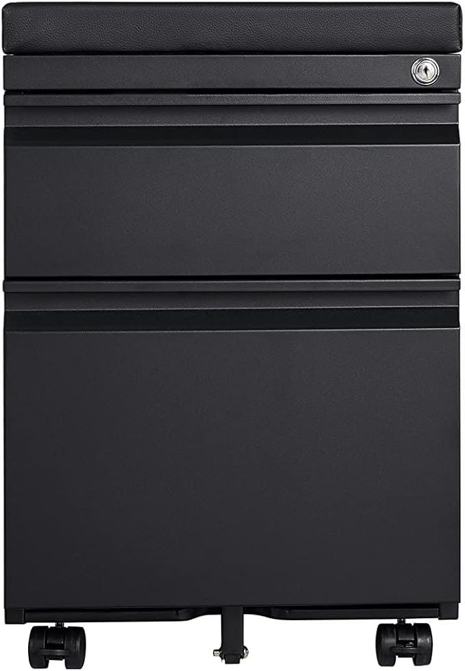Mobile File Cabinet 2-Drawer Pedestal with Lock for Storage Use for Home Office and Business EnterpriseLegal/Letter Size Blackwith 5 Wheelswith Leather Cushion
