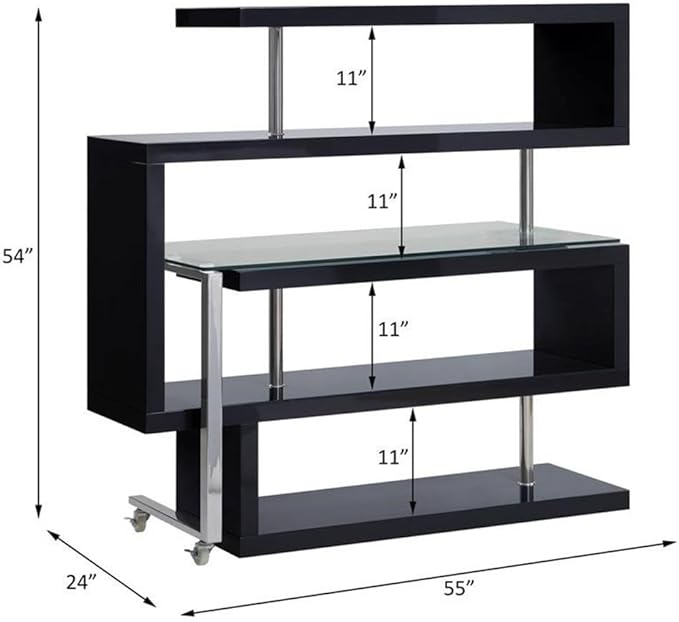 Pemberly Row L-Shaped Writing Desk with Glass Top Chrome and Black High Gloss Finish MDF and Tempered Glass 55 W x 24 D x 54 H 4 Shelves 360° Swivel Function Modern Home Office Desk
