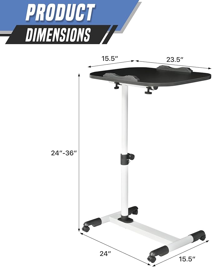 Mobile Standing Desk Adjustable Height Computer Desk with 360° Rolling Casters Tilting Overbed Table for Home Office and School White
