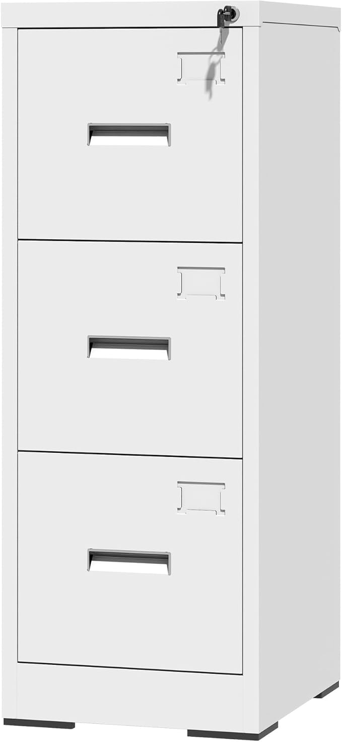 3 Drawer Metal Vertical File Cabinet with Lock and Card SlotOffice Home Vertical Filing Cabinets for A4 Legal/Letter Size Narrow File Cabinet LockedAssembly RequiredWhite