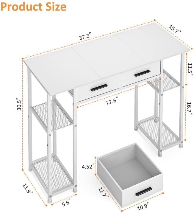White Computer Desk with Drawers 37.3 Inch Home Office Work Desk with Storage Shelf Kids Teens Study Table for Small Space Small Writing PC Table for Bedroom Makeup Vanity Desk