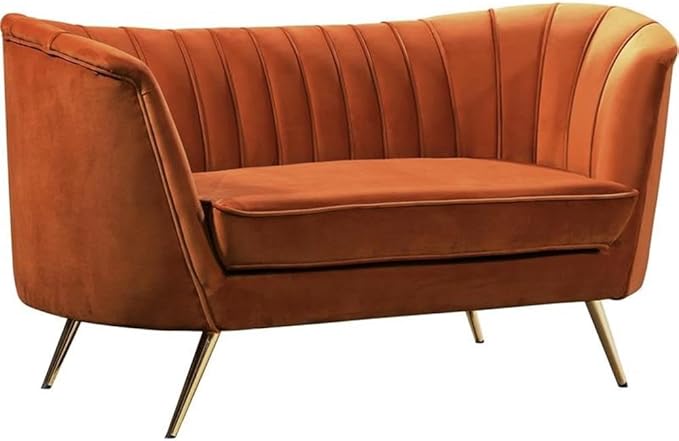Meridian Furniture Margo Collection Modern | Contemporary Velvet Upholstered Loveseat with Deep Channel Tufting and Rich Gold Stainless Steel Legs Cognac 65 W x 30 D x 33 H