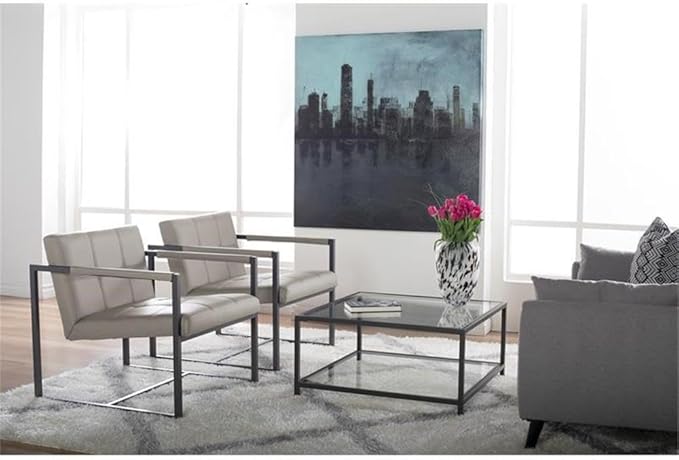 Pemberly Row Small Accent Chair Metal and Leather Pewter Finish Off White Mushroom Color 27.5 W x 30.5 D x 29.25 H Mid-Century Style Living Room or Office Seating Durable Powder-Coated Frame