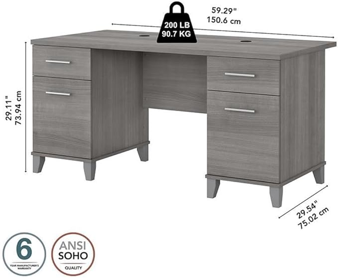 Bush Home 60-inch Home Office Desk with Drawers Large Computer Table with Storage Transitional Style Somerset Collection Platinum Gray