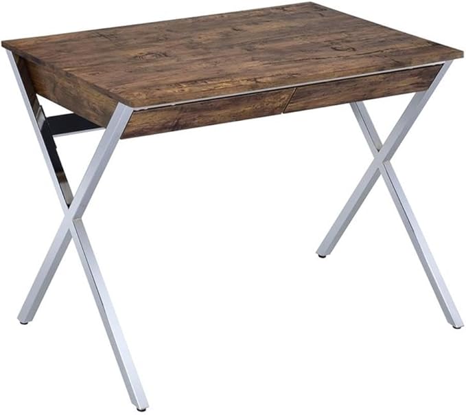 UrbanPro Transitional Home Office Desk 36 in W x 21 in D x 30 in H Weathered Oak Veneer and Chrome Finish Rectangular Writing Desk with 2 Drawers Modern Style for Home Office or Study Room Use