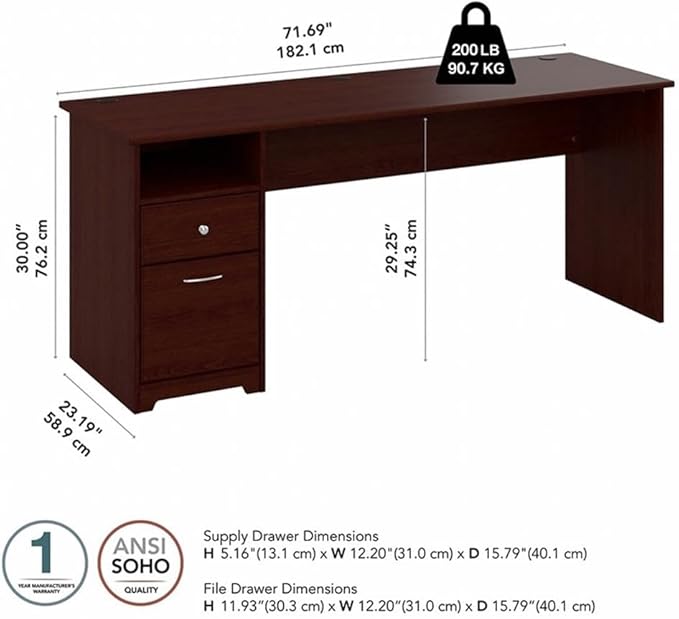 Bush Furniture Cabot 72W Computer Desk with Drawers in Harvest Cherry Large Work Table and Built-in Storage for Home Office 6 Foot Long Desktop