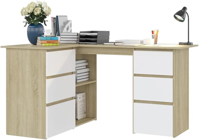 L Shaped Corner Desk Modern Writing Computer Desk Home Office Desk Writing Study Table PC Desk Workstation for Bedroom White and Sonoma Oak 57.1x39.4x29.9 Engineered Wood(F)