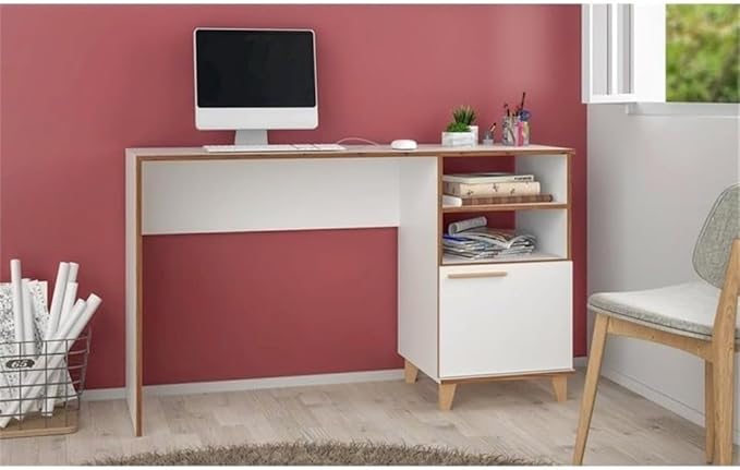 Eden Home Mid-Century Solid Wood Writing Desk 53.14 W x 31.1 H White Finish 2 Open Shelves and 1 Concealed Cubby Splayed Legs Modern Home Office Desk for Work or Study Spaces