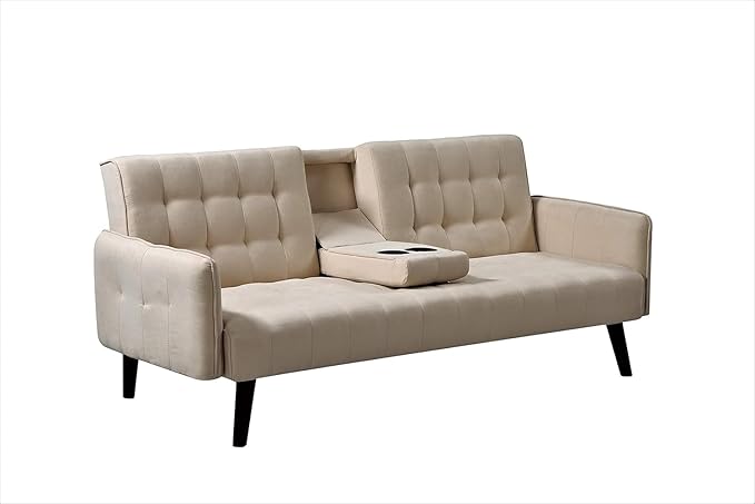 Leno 72 Sleeper Sofa Bed - Convertible Folding Backrest to Full Bed with Cup Holder &amp Drop-Down Table - Space Saving Linen Sofa for Small Spaces - Easy Assembly Beige