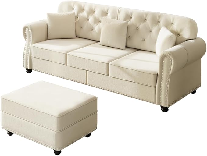 82.6 Beige Velvet Sofa with Nailhead Trim &amp Rolled Arms Classic Chesterfield Style 3-Seater Couch with 3 Pillows &amp 1 Ottoman Mid-Century Modern Living Room Furniture for Home Decor