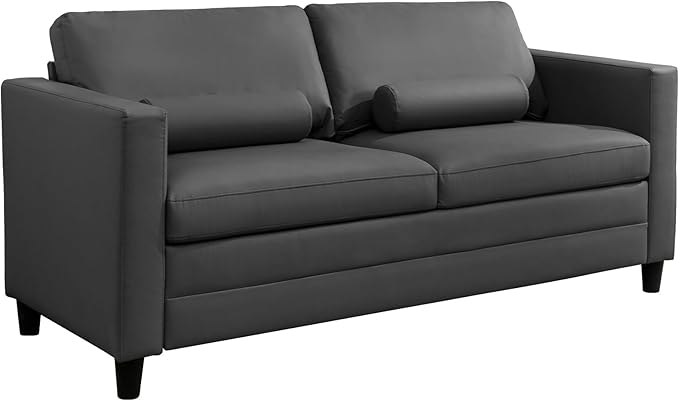 BALUS 79 W Queen Size Pull Out Sofa Bed 2-in-1 Convertible Sleeper Couch with Fold Out Mattress Modern Faux Leather Sleeper Sofa for Living Room Apartment Includes 2 Bolster Pillows - Dark Grey