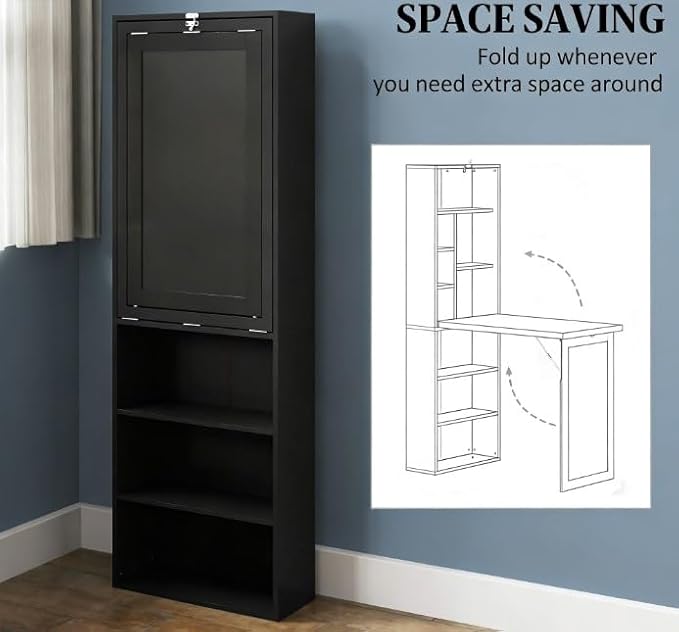 Murphy Desk with Storage Shelves Fold Out Hidden Computer Executive Desk Foldable Pull Out Writing Home Office Table with Blackboard for Bedroom Small Spaces (Black)