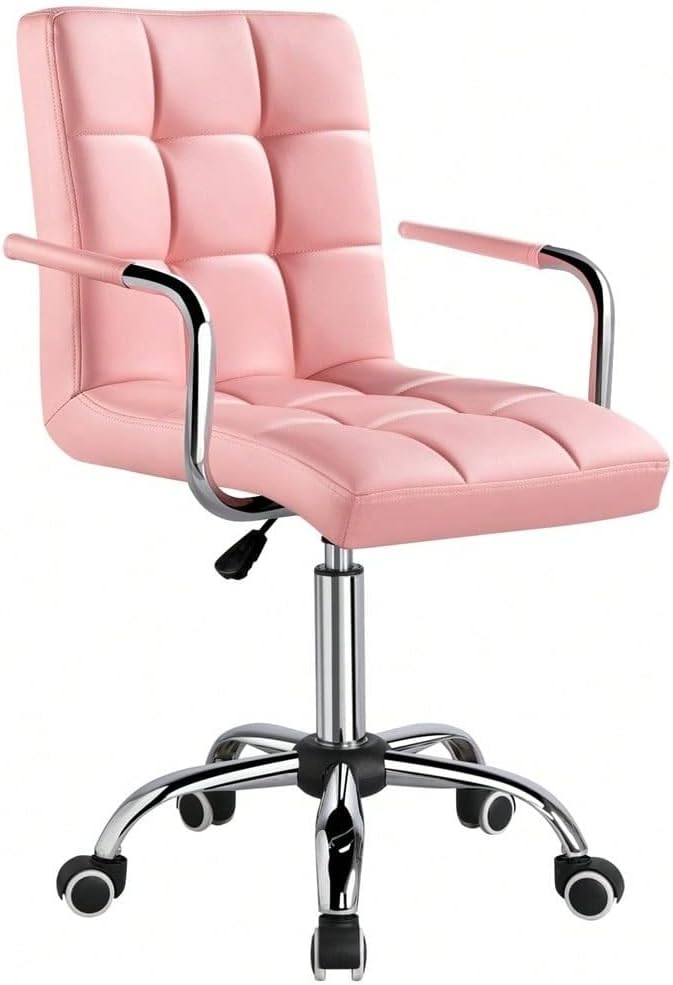 Butterslay Mid-Back PU Leather Office Chair with Armrests 360° Swivel Rolling Height Adjustable Desk Chair with Lumbar Support for Home Office Bedroom White/Pink/Brown/Retro Brown (Pink)