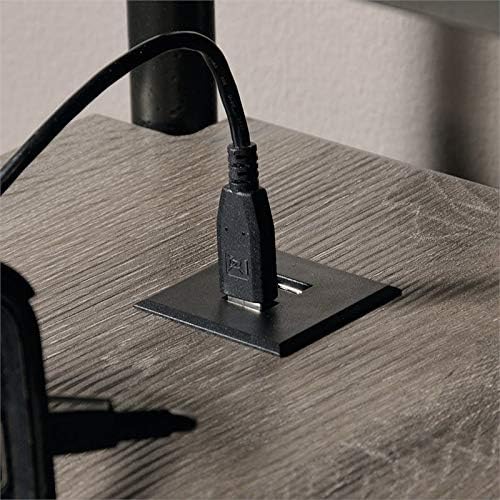 Pemberly Row L-Shape Wood and Metal Computer Desk Northern Oak Finish 60.75 in Wide Built-in USB Ports Cord Management Pencil Drawer Elevated Shelving Industrial Style Home Office Desk