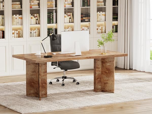 Tribesigns 63-inch Executive Desk Vintage Home Office Computer Desk with Large Tabletop Farmhouse Wood Writing Conference Table Workstation for Office Study Light Oak Brown