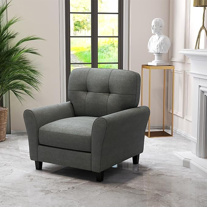 KOMFOTT Upholstered Accent Chairs Set of 2 Mid-Century Modern Living Room Chairs Linen Fabric Armchair with Tufted Back Non-Slip Foot Pads Single Sofa Chairs Reading Chairs for Bedroom Grey