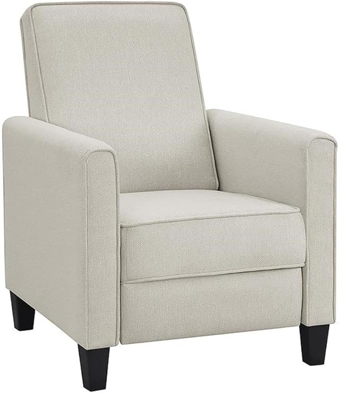 BOWERY HILL Transitional Fabric Push Back Chair Beige Linen 27 W x 34 D x 36.5 H Rounded Track Arms Tapered Dark Finish Legs Recliner Accent Chair for Living Room or Sitting Area