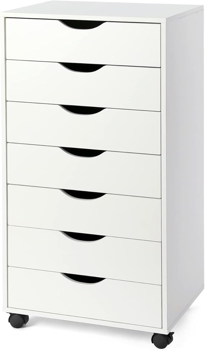 TUSY 7 Drawer Storage Organizer on Wheels Mobile File Cabinet with Locking Casters Tall Chest of Drawers for Home Office White Rolling Storage Drawers for Office Supplies