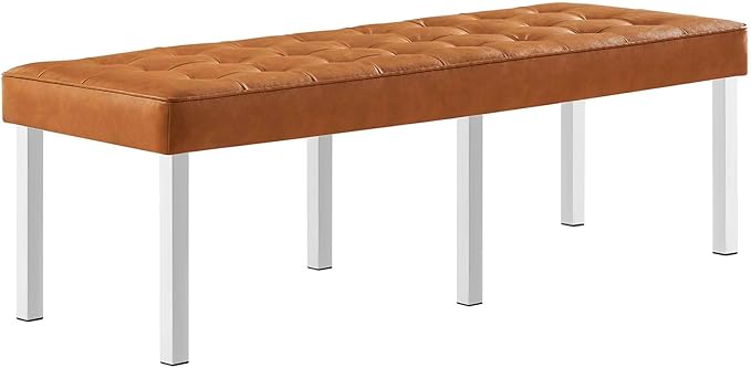 Modway Loft Tufted Button Faux Leather Upholstered Large Accent Bench in Silver Tan