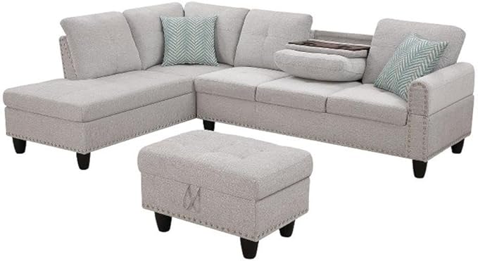 Devion Furniture Polyester Fabric Sectional Sofa with Lift-top Storage Ottoman Tufted Design in Light Gray Finish
