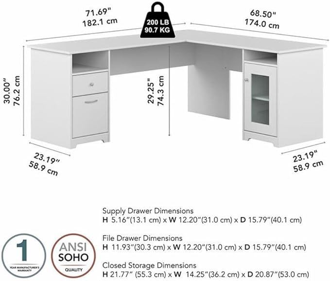 Pemberly Row 72W L Shaped Computer Desk Engineered Wood White Finish Built-in Wire Management Storage Cabinet with Fluted Glass Door File &amp Box Drawers Home Office Desk