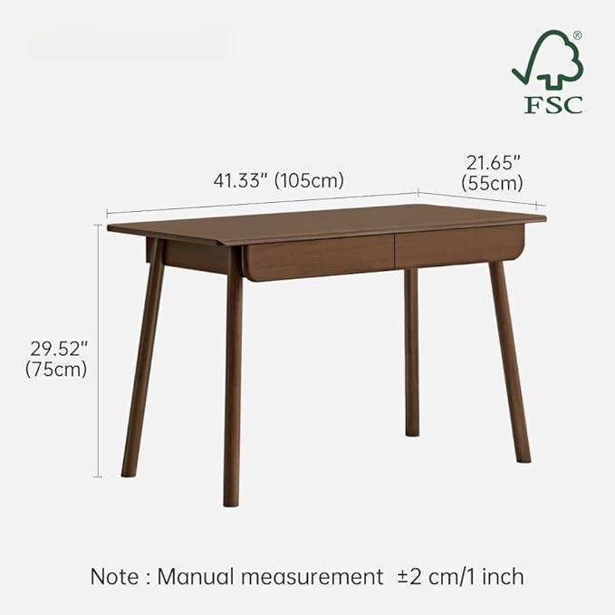 100% Solid Wood Desk with Drawers Mid Century Modern Writing Desk Walnut Color Office Desk for Study Bedroom Living Room 41.33 W