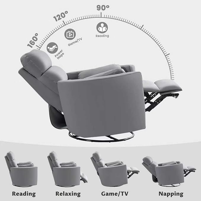 GRAINELL Oversize Power Swivel Recliner 40in Wide Electric Glider Rocking Chair with Headrest Adjustment USB Port 270° Swivel Rock 30°– for Living Room Nursery Leather Grey (57' to 61' Height)