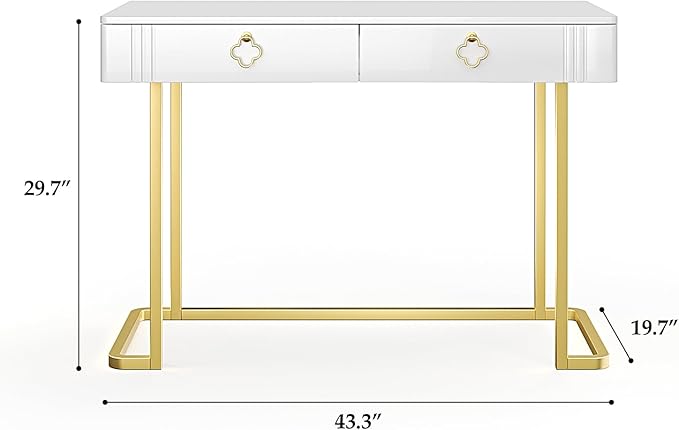 White Vanity Desk with 2 Drawers Gold and White DeskHome Office Desk Modern Makeup Vanity Table Entryway Console Table Sofa Table (Deluxe Leg)