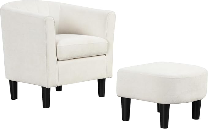 Giantex Modern Accent Chair with Ottoman Upholstered Teddy Velvet Barrel Club Chair w/Footrest Curved Backrest &amp Armrests Non-Slip Felt Pads Comfy Accent Arm Chair for Living Room Bedroom Be