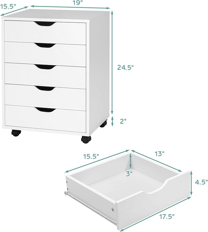 5 Drawers File Cabinet Vertical Filing Cabinet for Home Office Mobile Under Desk Office Storage Cabinet with Wheels Modern Chest of Drawers for Bedroom (White 5 Drawers)