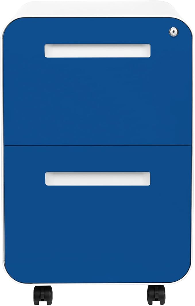 Laura Davidson Furniture Stockpile 2 Drawer Mobile File Cabinet with Lock - Under Desk Metal Filing Cabinet Legal/Letter File Folders Wheels and Stationary Feet Pre-Assembled Blue Faceplate