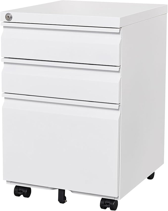 File Cabinet 3 Drawers on Wheels Under Desk White Metal Rolling File Cabinets with Lock for Home Office Un-Assembled Filing Cabinet with Lock (3-Drawer White)