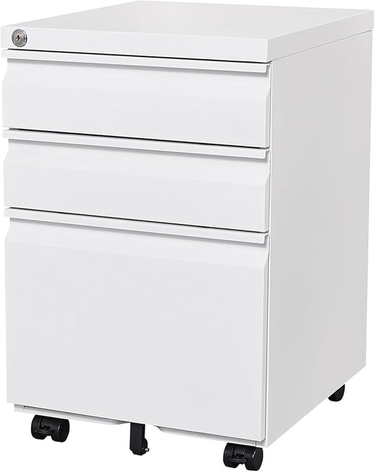 File Cabinet 3 Drawers on Wheels Under Desk White Metal Rolling File Cabinets with Lock for Home Office Un-Assembled Filing Cabinet with Lock (3-Drawer White)