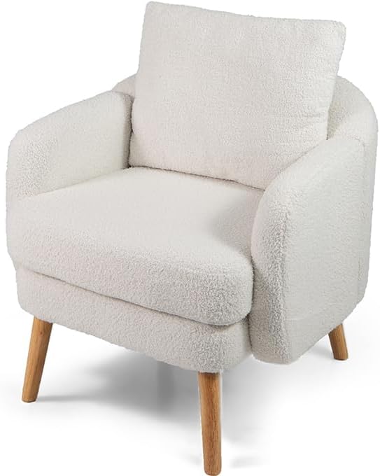 KOMFOTT Sherpa Accent Chair Upholstered Armchair with Seat Cushion Lumbar Pillow &amp Rubber Wood Legs Modern Single Sofa Chair Reading Chair for Living Room Bedroom Office Small Spaces White