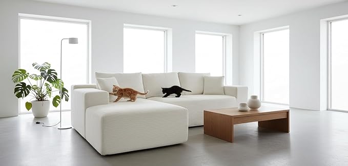 Ridge 2-Piece Convertible Corduroy L-Shaped Sofa in a Box with Pillows 3-Seater Modular Sectional Couch Compressed Living Room Furniture Beige (Left Facing)