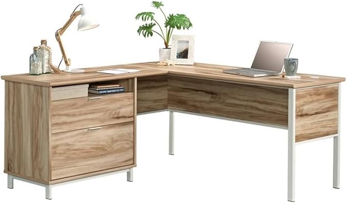 Pemberly Row L-Shape Desk 65 in x 65 in x 30 in Engineered Wood &amp Metal Kiln Acacia Brown Finish 2 Drawers with File Storage Open Shelf Cord Management Modern Home Office Desk