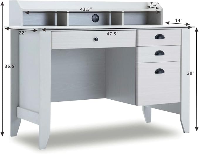Catrimown Computer Desk with Drawers and Hutch White Desk with Drawer Wood Executive Desk Teens Student Desk Writing Laptop Home Office Desk for Small Spaces Cream 47.5''D x 22''W x 36.5''H